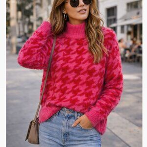 Strut & Bolt Pink Houndstooth Fuzzy Sweater Size L Mock Neck Cozy Knit